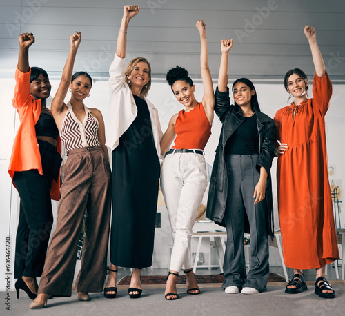 Fist, power and business women standing together. for success, winning and gender equality or fight for human rights. Portrait, teamwork and group of people with empowerment, yes hands or celebration