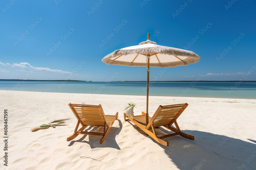 Amazing beach landscape. White sand, chairs and umbrella travel tourism wide panorama background. Generative Ai.