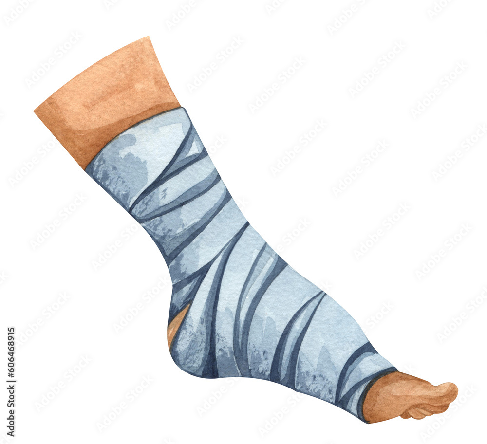 Φωτογραφία Watercolor Illustration of firs aid person Injured legg, bandaged foot