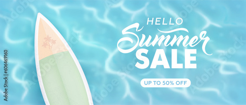 Hello summer horizontal sale background with realistic top view sea and surfboard. Summer sale banner. Vector illustration