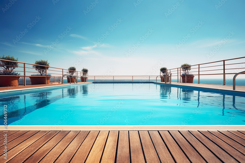 Empty wooden deck with swimming pool , Beautiful minimalist pool side view with clear blue sky. Generative Ai.