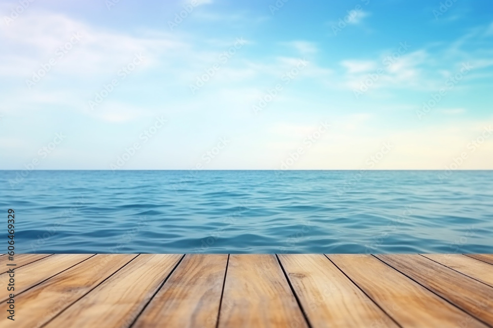 AI Generated empty wood table top on summer blue sea ocean and sky background. Generative AI.
