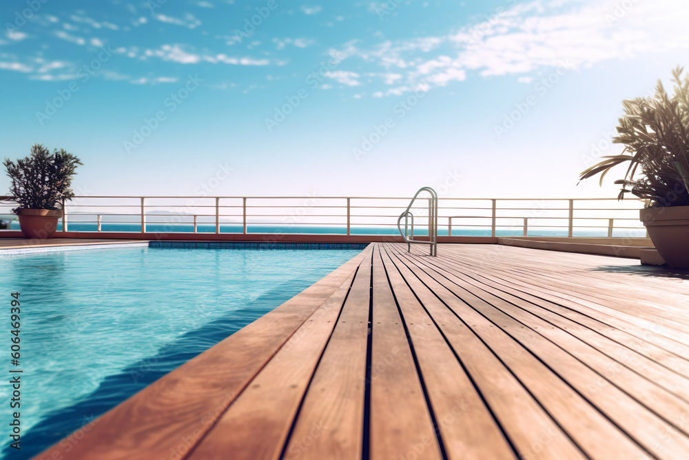 Empty wooden deck with swimming pool , Beautiful minimalist pool side view with blue sky. Generative Ai.