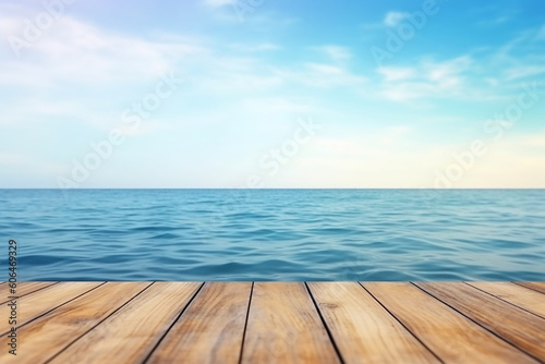 AI Generated empty wood table top on summer blue sea ocean and sky background. Generative AI.