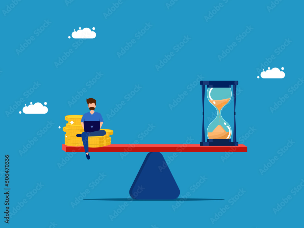 Buy time or opportunity cost. man with money and hourglass on scales vector