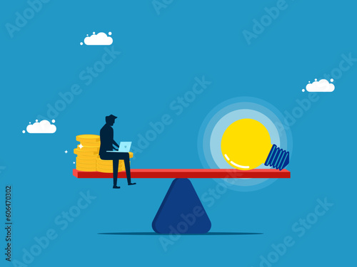 value of wisdom or knowledge acquisition. man with money and light bulb on scales vector