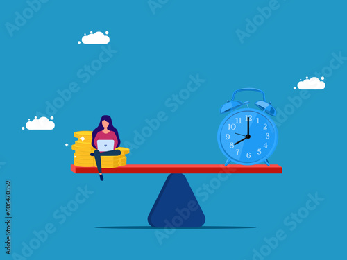 Time value or opportunity cost. woman with money and clock on the scale vector