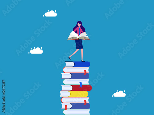 Learning never ends. businesswoman holding books on pile of books vector