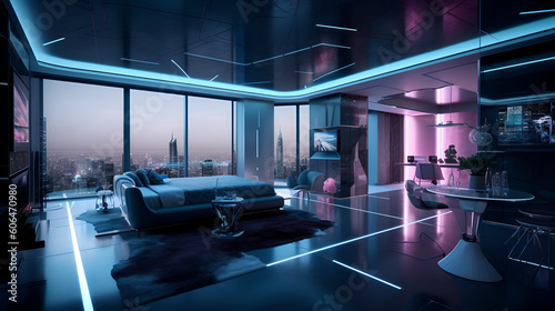 Futuristic neon lit corporate penthouse bedroom  Generative AI