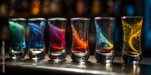 Set of unearthly cocktail shots with colourful turbulent liquor resting on the bar counter. Generative AI photo
