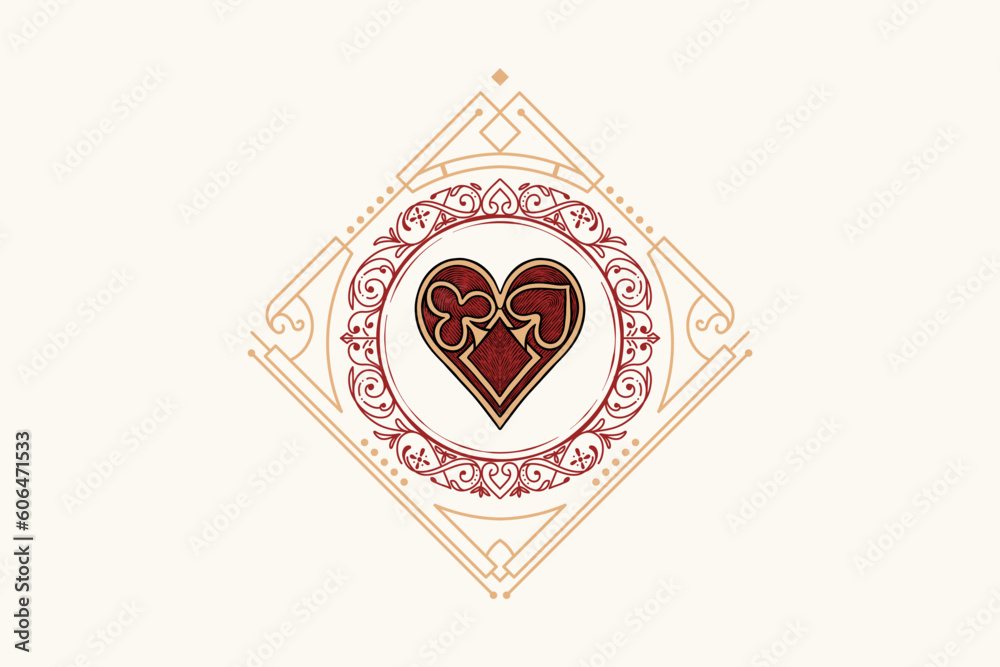 poker red heart with vintage classic ornament for cards