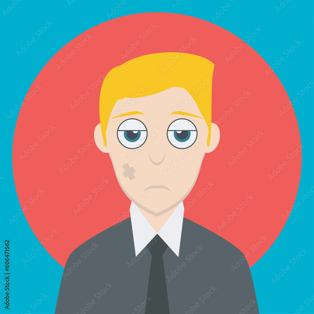 Tired and sad office worker in a shirt and tie with a band-aid on his face, blond hair and sleepy eyes. NFT avatar. Male human person character. Avatars Crypto art NFT token