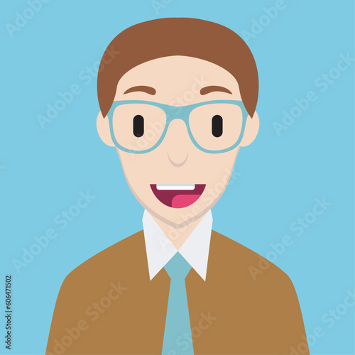 Funny happy man male avatar office worker or accountant geek character with eyes glasses. Brown shirt and blue tie, brown hair, white collar. Flat style. NFT avatar. Male human person character.