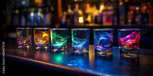 Set of unearthly cocktail shots with colourful turbulent liquor resting on the bar counter. Generative AI