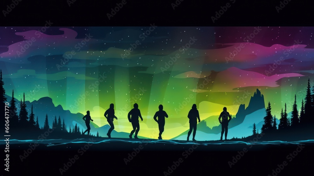 silhouette of people walking with background of dark aurora borealis