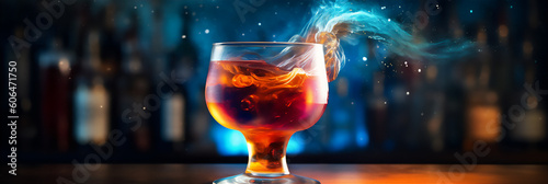 Unearthly antigravity cocktail resting on the counter, with colorful turbulence, mixes realistic and fantastical elements, rainbowcore, dark orange and light blue. AI generated image Generative AI photo