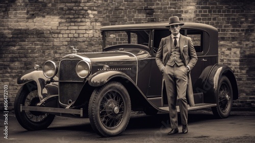 vintage car with a man in tweed suit in sepia - Generative AI © Dennis