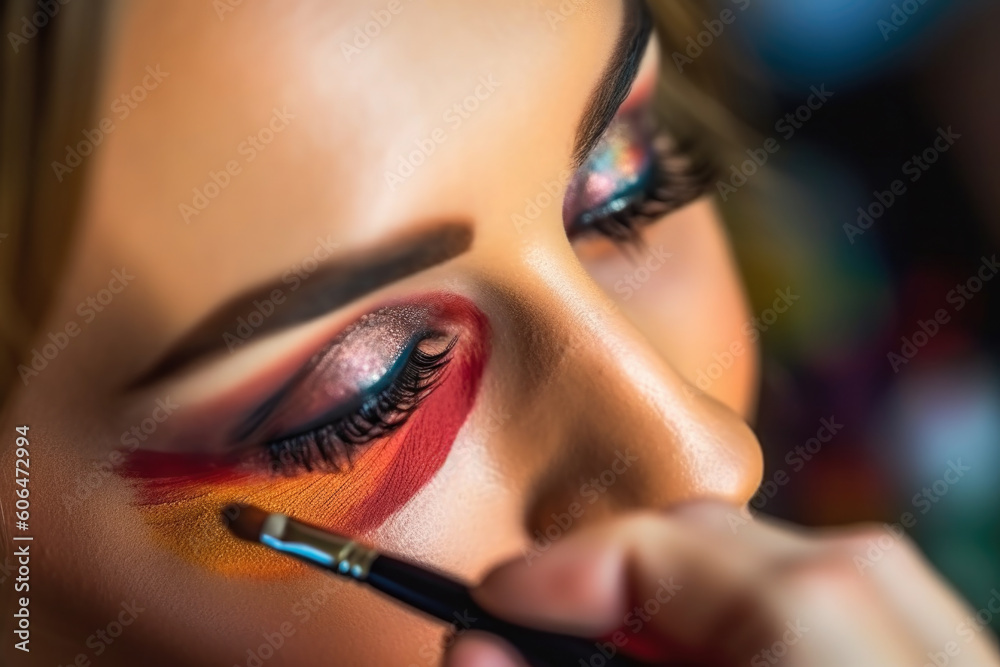 Woman having make up done by a professional make up artist. Close up image. AI generative.
