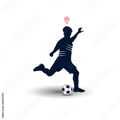 Football soccer player man in action with location pinpoint. White background vector illustration