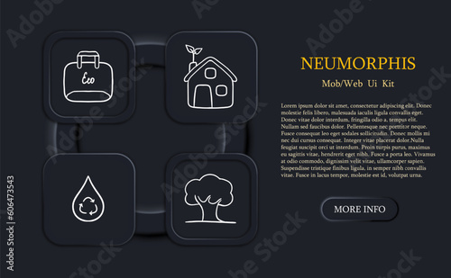 Set of icons representing eco-friendly materials. Sustainable, environmentally friendly, green, natural. Recyclable concept. Neomorphism style. Vector line icon for Business