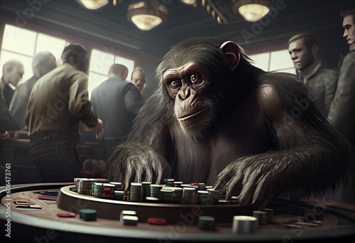 Monkey in a business suit plays in the casino. AI photo