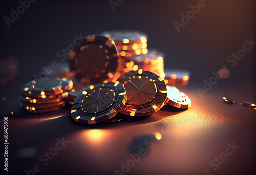 Poker chips on a gaming table with beautiful lighting, AI.