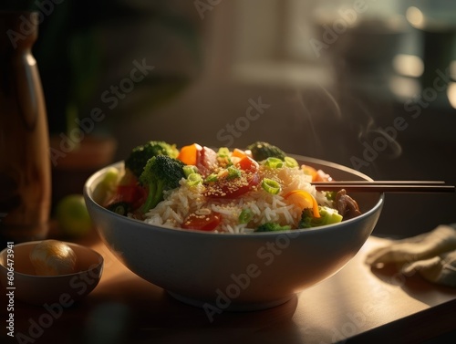 steaming bowl of rice topped with vegetables and chopsticks resting on the edge