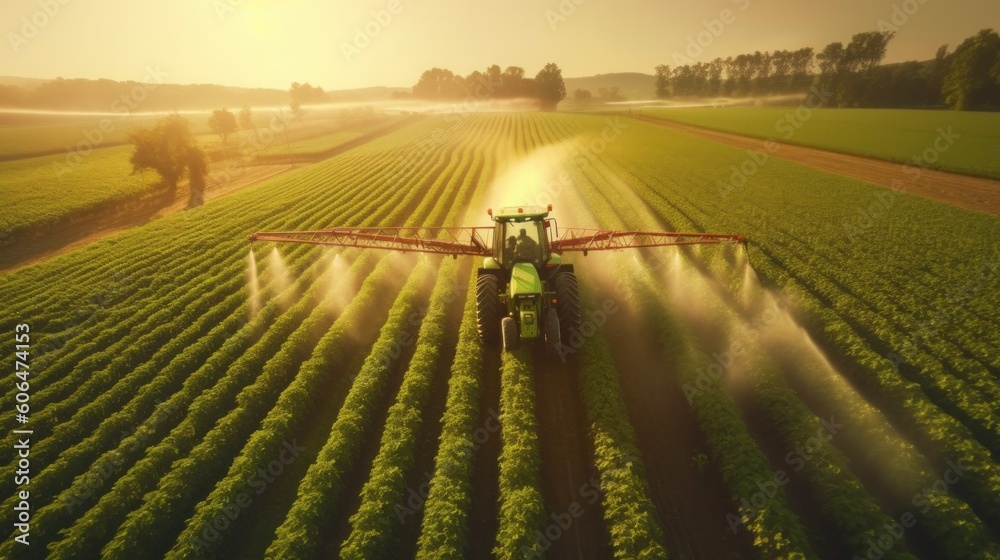 Aerial view tractor spraying the chemicals on the large green field. AI generative.
