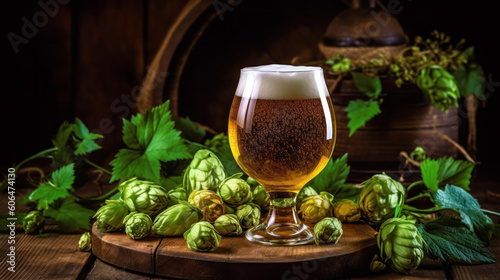 Glass of beer on wooden table with branch of fresh hops, still life. October fest banner. AI generative