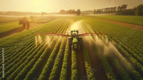 Aerial view tractor spraying the chemicals on the large green field. AI generative.