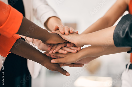 Hands stacked, support and group of people with teamwork, collaboration goals and community or solidarity in zoom. Diversity women, circle and team work, faith or together sign for project or startup