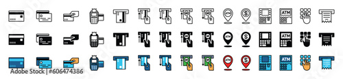 ATM icons vector set. ATM machine, bank, withdraw, cash deposit, credit card, pin map, location, terminal in line, flat, and color style on white background with editable stroke for apps and websites