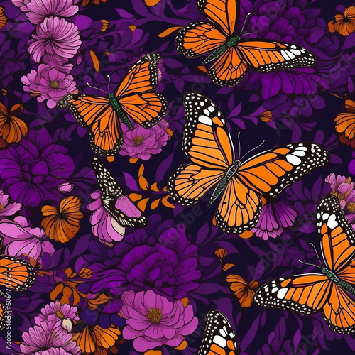 monarch butterfly floral wallpaper: seamless purple elegance