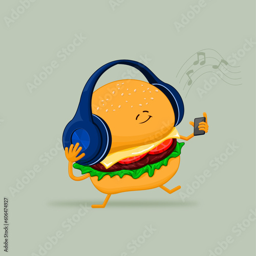 cute burger cartoon character listening to music