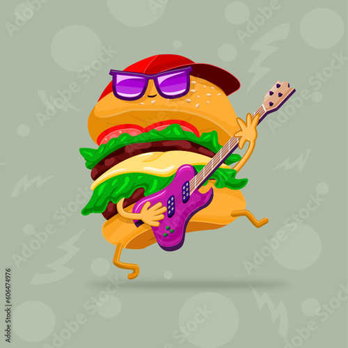 burger cartoon character playing guitar 