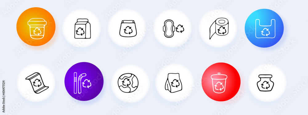 Set of recycling icons. Eco-friendly waste management symbols, recycling bins, sustainable practices. Green lifestyle concept. Glassmorphism style. Vector line icon for Business Set of recycling icons. Eco-friendly waste management symbols, recycling bins, sustainable practices. Green lifestyle concept. Glassmorphism style. Vector line icon for Business