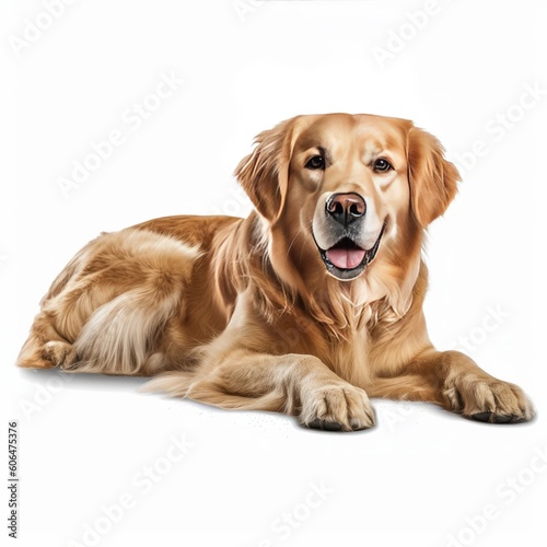 Golden retriever lying down isolated on white background. AI generative.