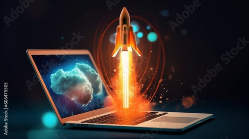 Laptop with a rocket taking off. Concept of earning money online, working in digital business. AI generative.