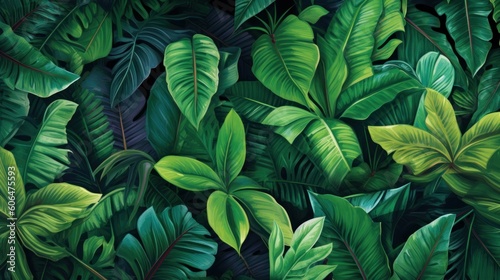 Lush tropical leaves background. AI generative.