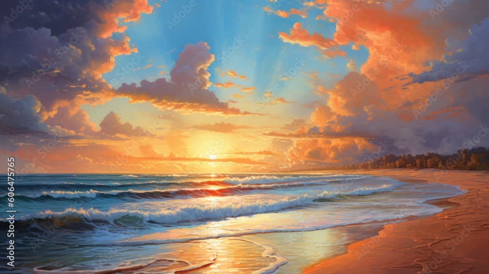 Oil painting illustration depicting a serene scene sun. AI generative.