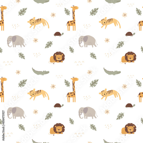 Simple and cute safari wild animals seamless pattern for kids. Creative kids texture for fabric, wrapping, textile, wallpaper, apparel etc. 