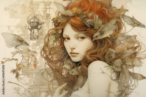 Portrait of a beautiful redhead woman with birds in her hair 