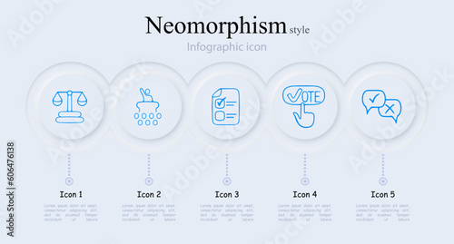 Set of voting icons. Symbols representing democratic process, elections, ballots. Participation concept. Neomorphism style. Vector line icon for Business