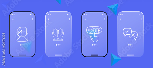 Set of voting icons. Symbolic representation of democratic process, elections, ballot. Civic engagement concept. Glassmorphism. UI phone app screen. Vector line icon for Business
