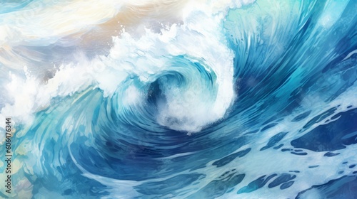 Summer beach top view of soft blue ocean wave illustration. AI generative.