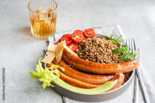 Bowl with buckwheat and sausages photo