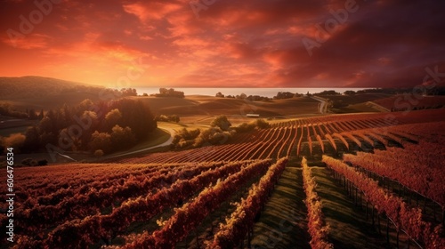 Vineyards at sunset. AI generative.