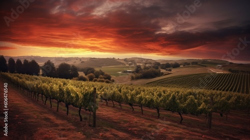 Vineyards at sunset. AI generative.