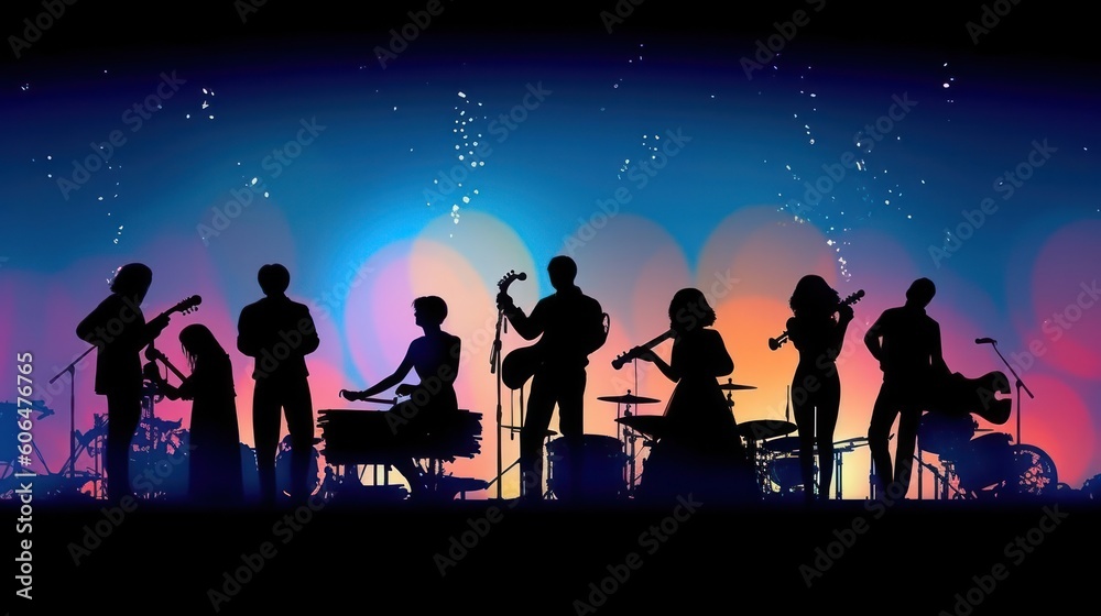 Silhouette of rock band playing, music under the night starry night Silhouette of rock band playing, music under the night starry night