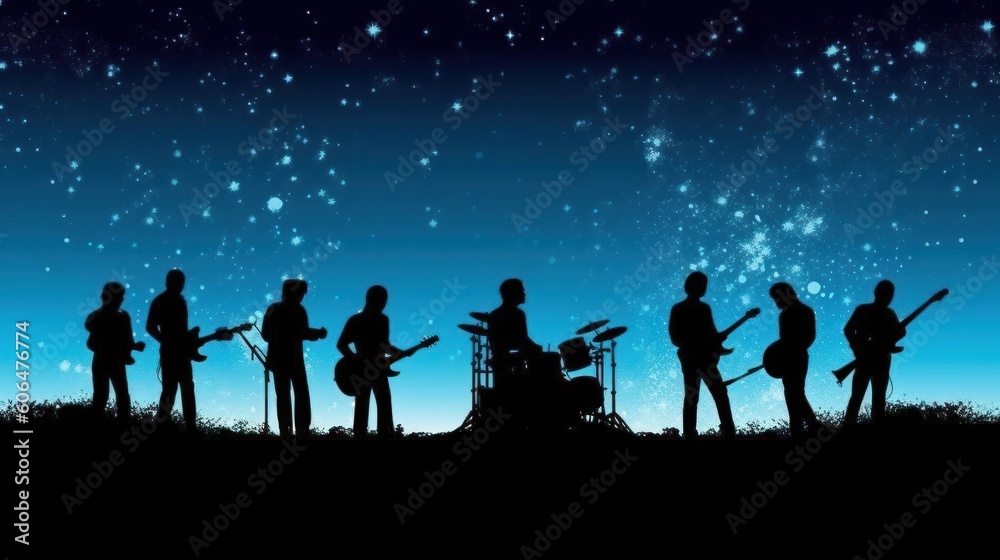 Silhouette of rock band playing, music under the night starry night Silhouette of rock band playing, music under the night starry night